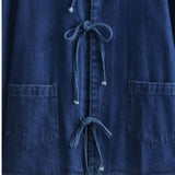 Fongt Women's Spring New Collar Bows Decorated With Long-Sleeved Pocket Wash Denim Shirt Pocket Design