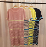 Fongt Summer New Striped Knitted Temperament Sexy Knitted Ice Silk Cover Head Short Sleeve Splicing Dress Woman