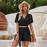 Fongt Women's Casual Short Sleeve Shorts Suit Women's New Lace-Up Solid Color Suit-Outfit