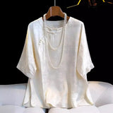 Trend New Chinese Rayon Jacquard Blouse T-Shirt Summer Five-Cent Sleeve Retro Disc Button Loose National Style Blouse-Outfit