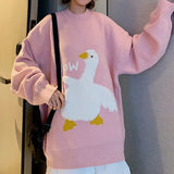 Korean Style Kawaii Cartoon Goose Print Knitted Sweater Women Harajuku Oversize Crewneck Long Sleeve Jumper