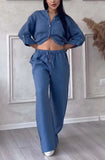 Fongt New Women's Solid Color Single-Button Long-Sleeved Shirt Two Sets Of Wide Leg Trousers With
