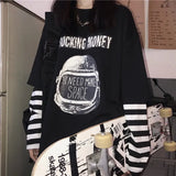 Fake two pieces tshirt Casual Letter Printed O-Neck stripe Tees Patchwork oversized T-Shirts Women Long Sleeve black