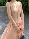 Fongt Island Pink Niche Gentle And Comfortable Thin Hanging Neck Dress Women Lace Splicing French Long Skirt