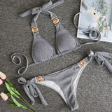 Fongt Sexy Shiny Special Fabric Swimwear Crystal Diamond Bikini Gold Straps Women's