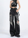Fongt Street Black Ripped Jeans Women's New Summer Popular Logo Straight Tube Loose And Versatile Drag Wide Leg Pants-Outfit