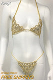 Rhinestone Diamonds Women Bikini Set Fashion Hollow Out Nightclub See Through Halter Bra Adjustable Metal Chain