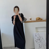 Sleeve Dress Women Summer New Leisure Large Size Simple Solid Retro Fashion M-4XL Chic Soft Elegant Mid-calf