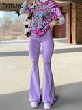 Y2k Flared Jeans Women High Waist Fashion Purple Stretch Baggy Mom Jeans Wide Leg Pants Elegant Denim Trousers