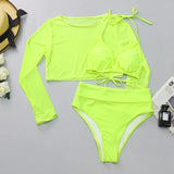 Neon orange Bikini 2021 Women Long Sleeve Mesh Cover Up 3 Piece Swimsuit High Cut Push Up Bathing Suit high waist