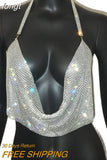 Shiny Rhinestone Crop Top For Women Sleeveless Backless Deep V Neck Tank Top See Through Adjustable Camisole Club