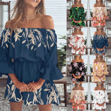 Fongt Sexy Fashion One-Word Shoulder Print Dress Women's Spot-Outfit