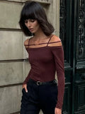 Shirt Long Sleeve Top Off Shoulder Crop Top Chain Hollow Out T-Shirts Yellow Tees Solid Slim Black Streetwear Y2K