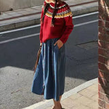 Fongt National Style Jacquard Small Red Sweater Design Sense Contrast Color Thick Sweater Autumn Winter New Foreign Style Jacket-Outfit
