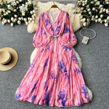Fongt Temperament Elegant Dress Women's High-End Lantern Sleeves To Close The Waist Thin V-Neck Print Lotus Leaf Side Dress