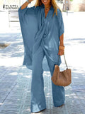 Women Pants Sets ZANZEA Summer V Neck 3/4 Sleeve Asymmetrical Blouse Suits Two Piece Sets Solid Trouser Suits