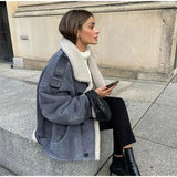 Denim Sherpa Turn Down Jacket-Outfit