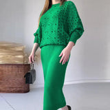 Fongt 2023 New Fashion Solid Color Hollow-Out Round Collar Top Casual Knit Skirt Suit-Outfit