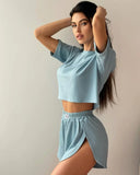 Fongt Women's Spring Summer Fashion Short Collar T-Shirt Blouse Shorts Two Sets Of Women
