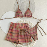 2025 New Sexy Hanging Neck Bikini Knitted Beach Shorts Three-Piece Set Swimsuit