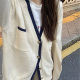 Fongt Winter New V Collar Bump Color Knit Cardigan Korean Version College Wind Loose Versatile Women's Knit Sweater Coat-Outfit