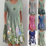 Floral Print Round Neck Pocket Mid-length