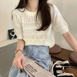 Fongt T-Shirt Girl Summer New Hollow Hook Design Temperament Round-Neck Short-Sleeved Top In The Wind