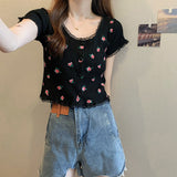 Fongt Bubble BM Broken Flower T-Shirt New Short Ins Lace Korean Version Sweet Renoval Sweet Sleeve