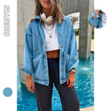The Ins Ladies Autumn Winter Coat Washed Denim Cotton Loose Retro Water Blue Lapel Double Bag Jacket-Outfit