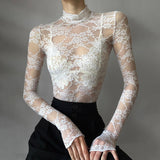 Spring And Summer New Spice Girls Perspective Lace High-Necked Long-Sleeved T-Shirt Thin Tight Short Blouse-Outfit