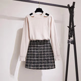 style women 2 Piece Outfits knitted sweater plaid mini Skirt Set casual elegant ladies 2 Piece Set fall Winter
