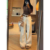 Fongt Apricot High-Waist Plus Velvet Thin Straight Jeans Women 2025 Autumn And Winter Loose Commute Wide-Legged Trousers