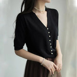 Fashion V-Neck Solid Color Knitted T-shirt Summer Women's Clothing 2023 Casual All-match Button Spliced Half Sleeve Tops-Outfit
