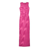 Fongt 2025 New Round-Neck Elastic Body Abstract Cuffless Knitted Long Dress Women Tight-Up