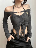 Dark Vintage Mall Gothic Drawstring Women T-shirts 2 Piece Set Y2k Retro Fairy Grunge Camisole Long Sleeve Buckle Crop