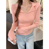 Design Thread Polo Lapel Knit Sweater Female Spring And Autumn Winter V Collar French Versatile Long-Sleeved Bottom Top-Outfit