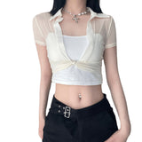 Fongt Sexy Thin Spring Perspective Open Fork Design T-Shirt Hottie Short External Mesh Sunscreen Shirt