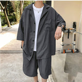 Men Casual Sets Shirt with Shorts Summer Thin Short Sleeve Tops Polyester Baggy Knee-Length Short Pant Oversize