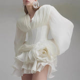 Fongt Wind Mesh Dress Woman 2025 New Fish Bone Repair Wood Ear Splicing Design Solid Dress