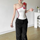 Fongt Summer Women's Diagonal Shoulder Spice Letter Print Suspenders Slim Vest-Outfit
