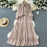 Fongt Elegant Dress Women Autumn Fasting Small High-Grade Lace Splicing Single Buckle Waist Over Knee Dress