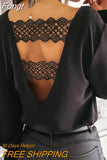 Back V-shaped Hollow Lace Stitching Pullover White Blouse Fashion Sexy V-neck Autumn and Winter Long-sleeved Shirt