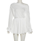 White Sheer Off-shoulder Top And Pleated Mini Skirt Set-Outfit