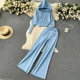 Fongt And Winter Solid Knitted Hooded Hooded Jersey Blouse High Waist-Hanging Feeling Trousers Casual Two Sets Of Women