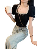 Collar French Bubble Sleeve T-Shirt For Summer New Lace Design Set In Black Short-Sleeved
