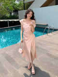Fongt Xixi 2025 Summer New High-Waisted Vertiny Temperament Shoulder Flower Dress High-End Long Dress 88305