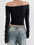 Solid Color Off Shoulder Slim Long Sleeve Tee-Outfit