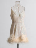 2025 Sexy Deep V-Neck Slid Strap Design Splicing Ostrich Hairy Sling Dress