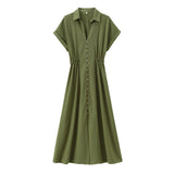 Fongt Women's Fashion Casual Shirt-Style Buckle-Style Waist-Long Dress