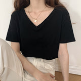 Summer New Threaded Pure Color Short-Sleeved Knitted V-Collar T-Shirt Design Feeling Bottomed